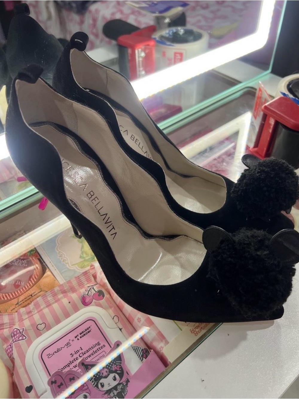 Dollcake Black Pom-Pom Scalloped Pointed-Toe Heels